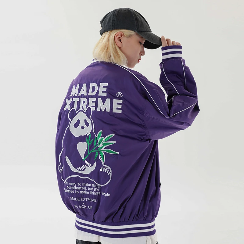

Original Cartoon Panda Embroidery Baseball Uniform Men's Stand Windbreaker Bomber Jacket Oversize Couple Streetwear Coat