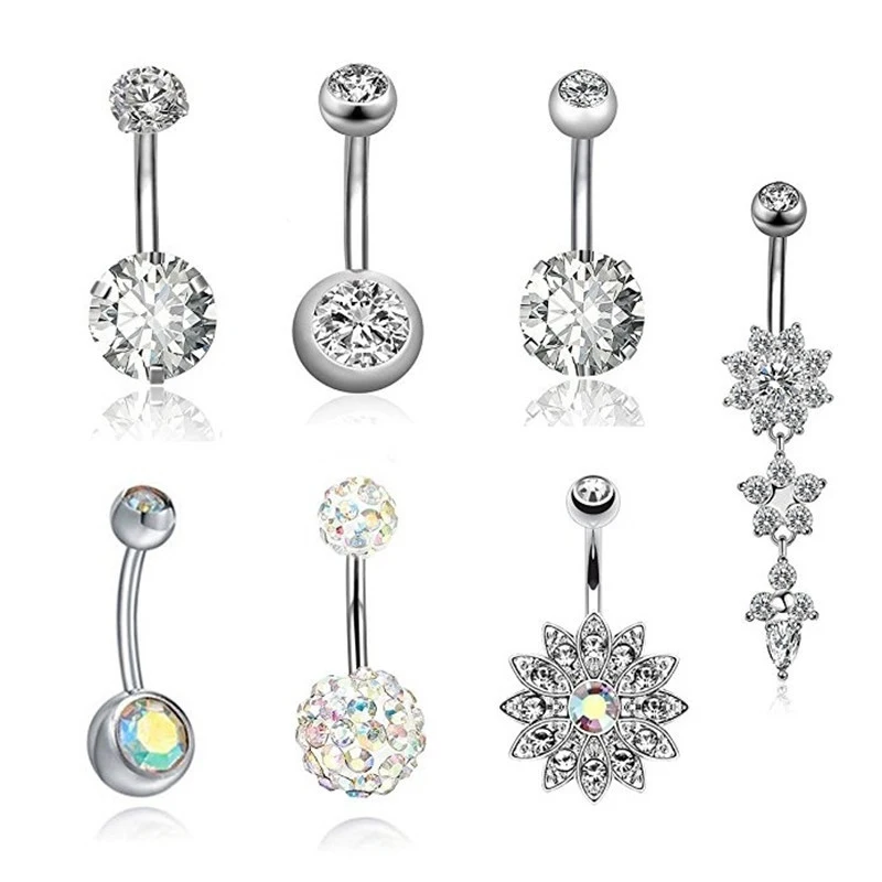 

7Pcs/Set New Summer Style Umbilical Nails Set Navel Body Piercing Stainless Steel Crystal Belly Button Ring For Women Jewelry