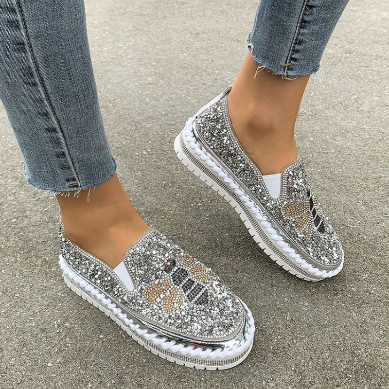 

Flat with Shoes Women Men Flats Sequined Cloth Revits Couple Platform Woman Shoes Bling Crysta Black Flat Heels Shoe size2021