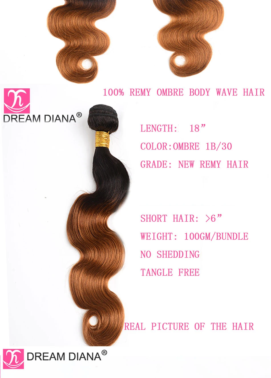 DreamDiana Ombre Малазийская волна тела с закрытием двух тонов 1B 30 1"-26" L Омбре пучки волос Remy с закрытием человеческих волос