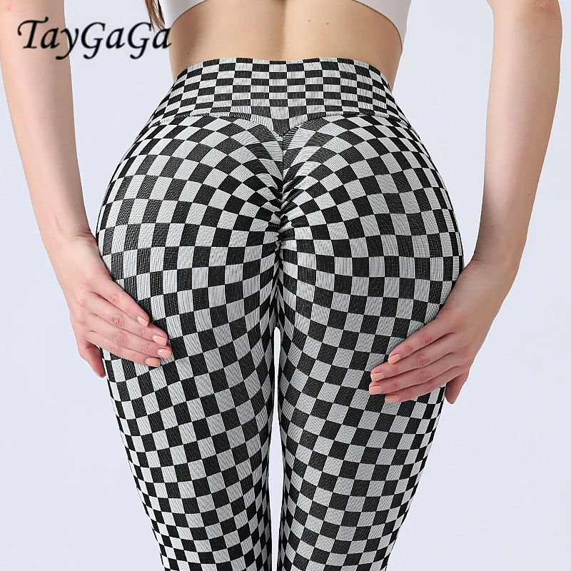 Taygaga Womens Peach Hip Yoga Leggings Black And White Grid fitness pants Hip up Running Seamless Quick Drying Sweatpants
