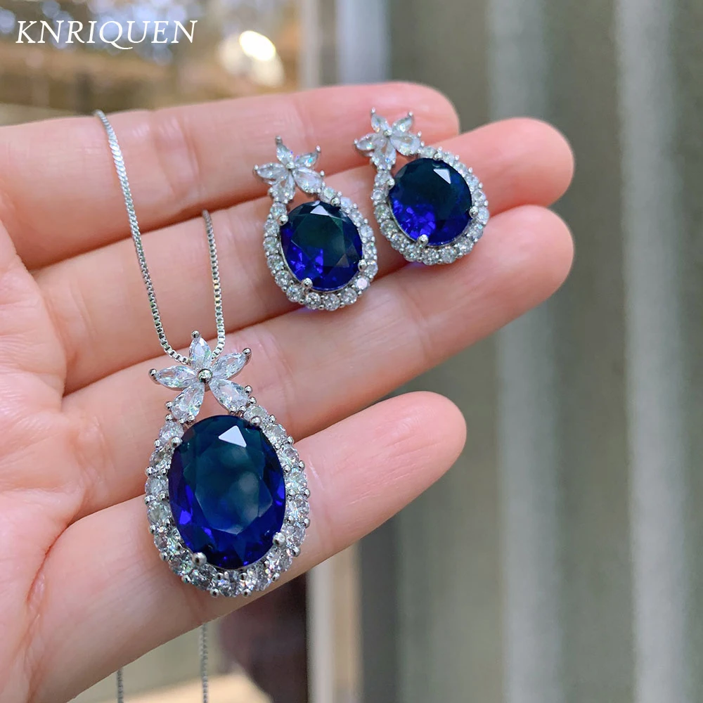 

Luxury High Carbon Diamond Tanzanite Sapphire Gemstone Earrings Pendant Necklace Wedding Party Fine Jewelry Set for Women Gift