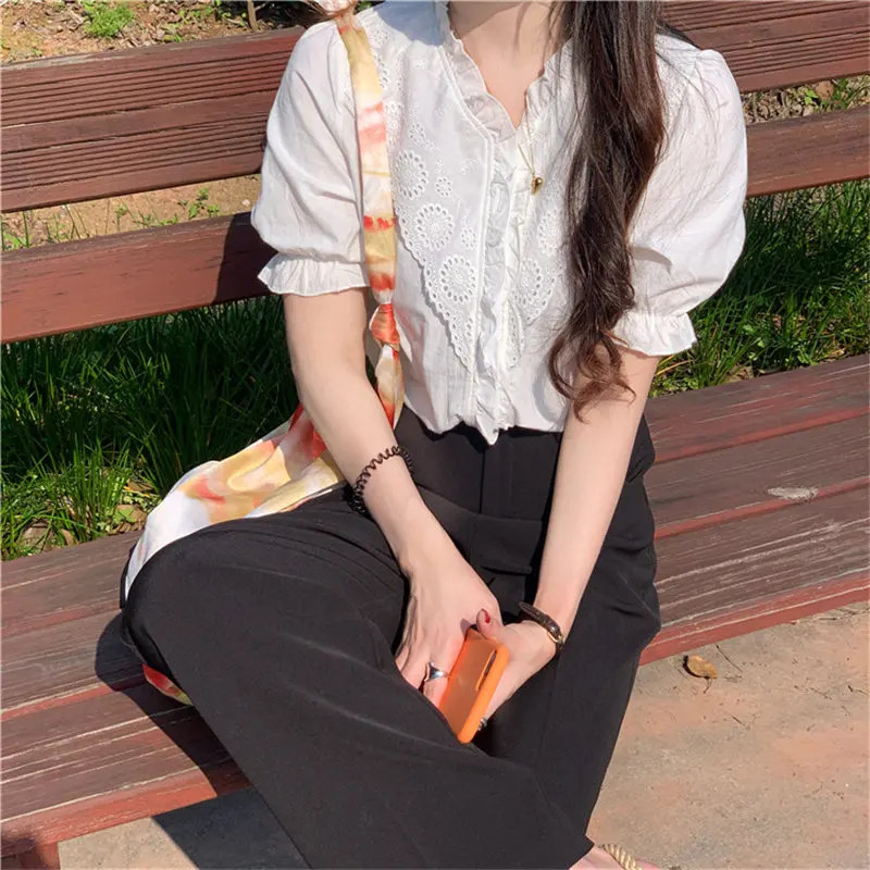 Alien Kitty V-neck Dedicate Embroidery Hollow Out White Ruffles 2020 Solid Loose Leisure Sweet Gentle Hot Office Lady Shirt | Женская