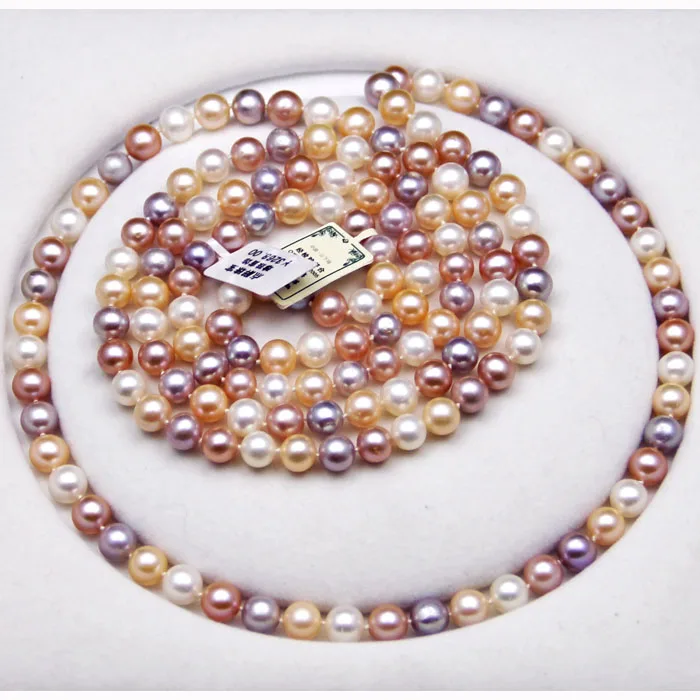 

Multi color long 8-9MM freshwater pearl mixed color sweater chain round light micro genuine leisure necklace 50INCH