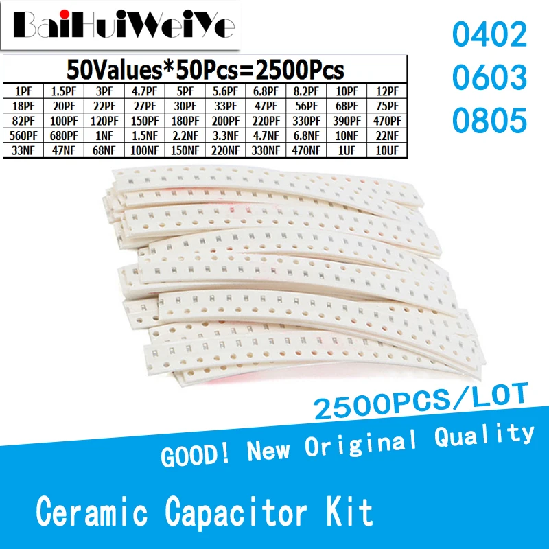 

2500PCS/LOT 0402 0603 0805 SMD Chip Ceramic Capacitor assorted kit 50 values*50pcs 1PF-10UF Samples Kit Electronic Diy Kit