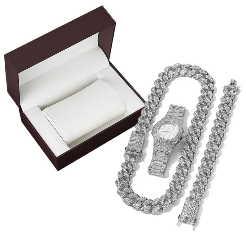 

3Pcs Luxury Cool Mens Numeral Watch Kit Crystal Pave Miami Cuban Bracelet Necklace Kit Rappers Men Rock Roll Jewelry Set