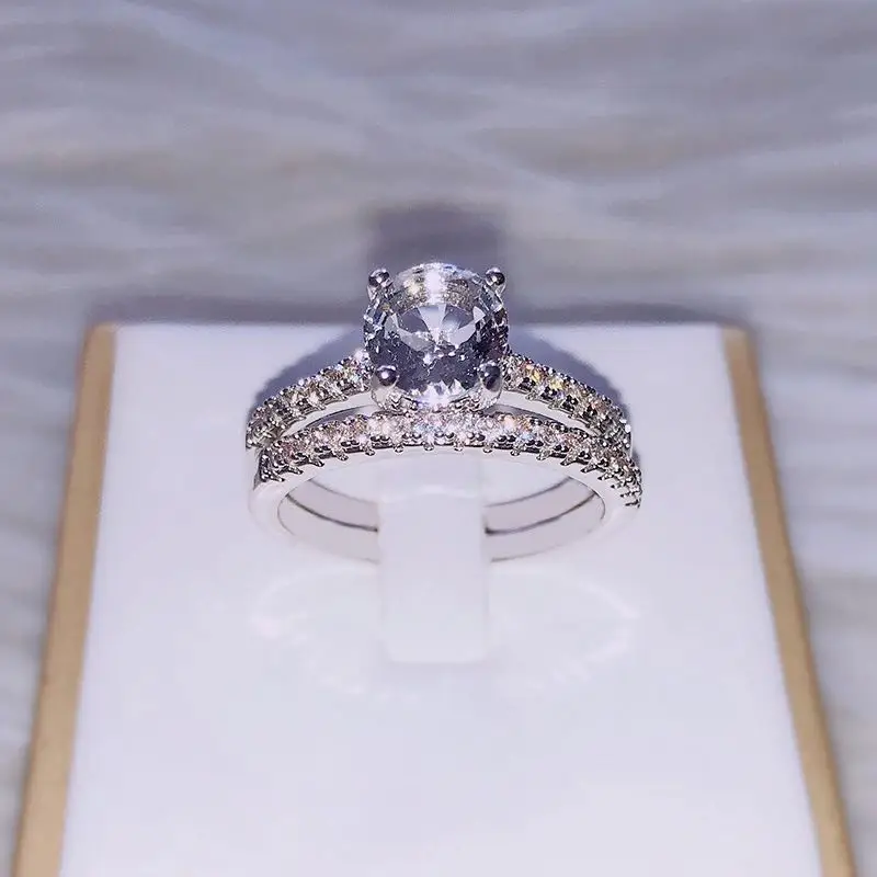 Европейская мода Круглый AAA кубический циркон кольцо двойной круг набор женщин