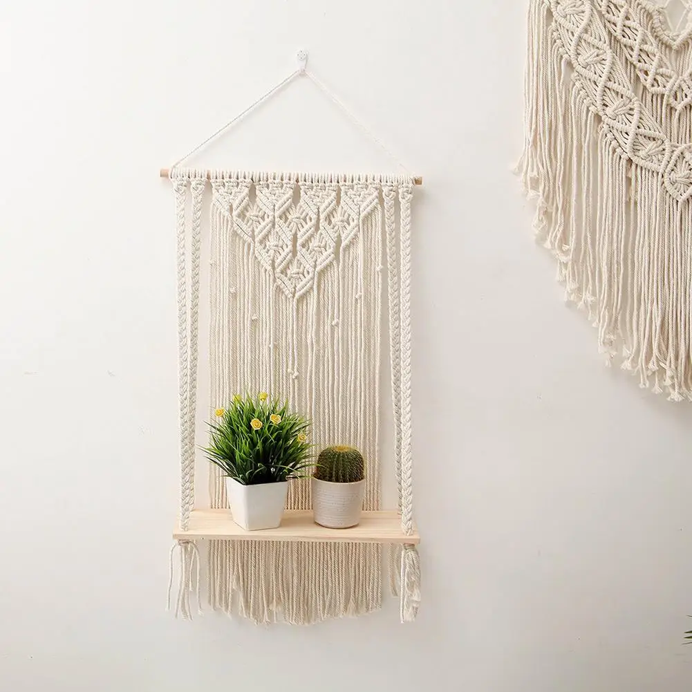 

Лидер продаж, плетеная вручную подвесная кашпо для макраме, деревянные полки, стеллаж в богемном стиле, настенный подвесной гобелен, Декор д...