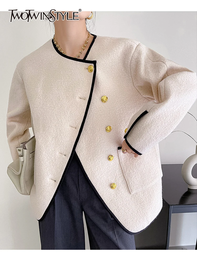 

TWOTWINSTYLE Patchwork Pockets Colorblock Casual Loose Coat For Women Round Neck Long Sleeve Fashion Coats Female Style 2021 New