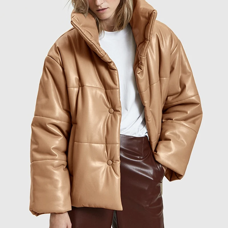 Stand Collar PU Leather Parkas Women Fashion Solid High Imitation Leather Coats Women Elegant Thick Cotton Jackets Female Ladies