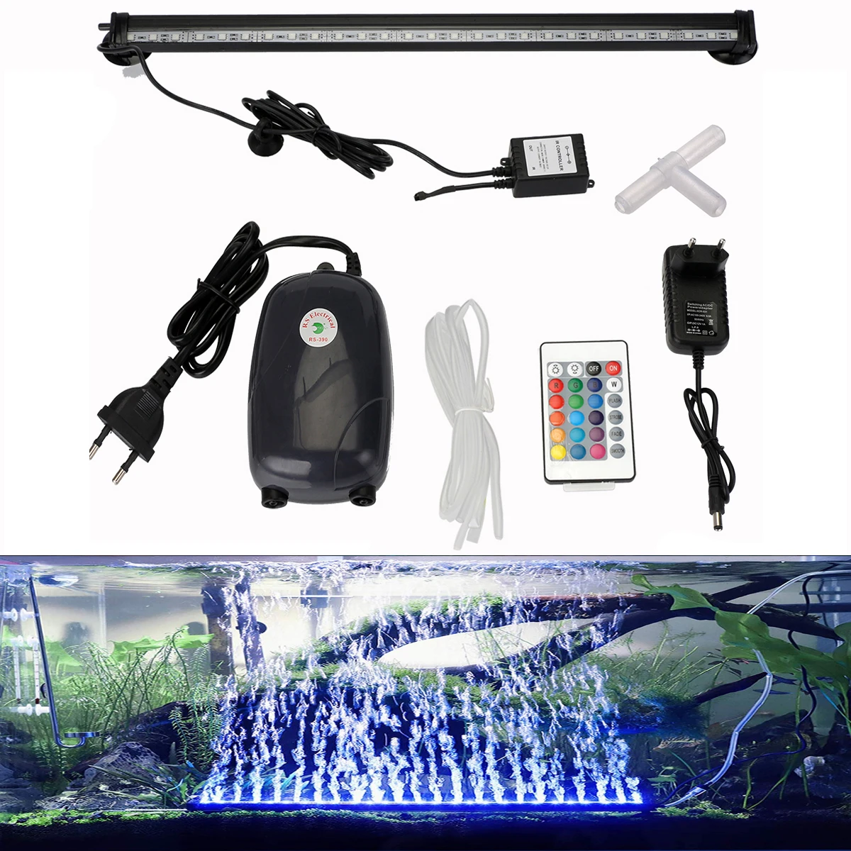 46CM Underwater Aquarium Fish Tank Air Bubble Light 5050 RGB LED Submersible Lamp + Increase Oxygen Air Pump + IR Remote
