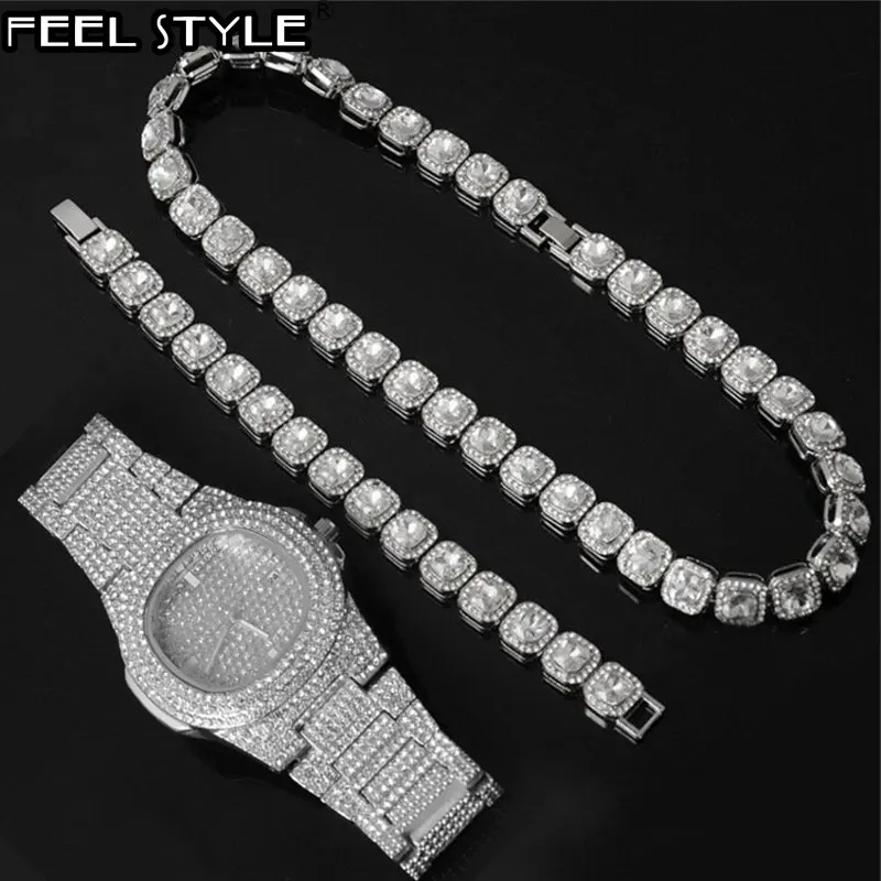 

HIP 12MM Tennis Baguette Necklace +Watch+Bracelet Hip Hop Chain Iced Out Bling Paved Rhinestones CZ Bling For Men Jewelry