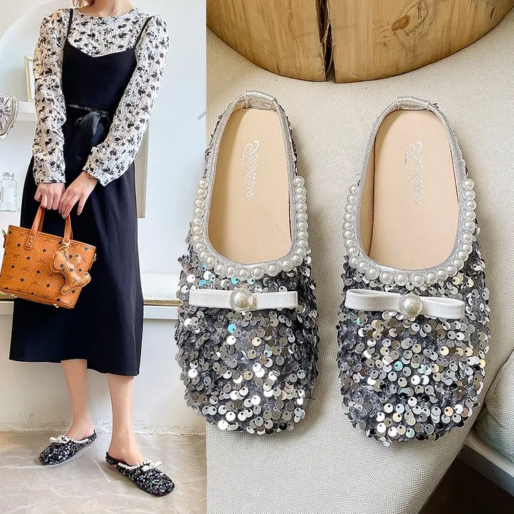 

2021 new Office Ladies Summer Fashion Bling Low Heels Women Shiny Comfortable Solid Close Toe Modern Pearl Pink Slippers