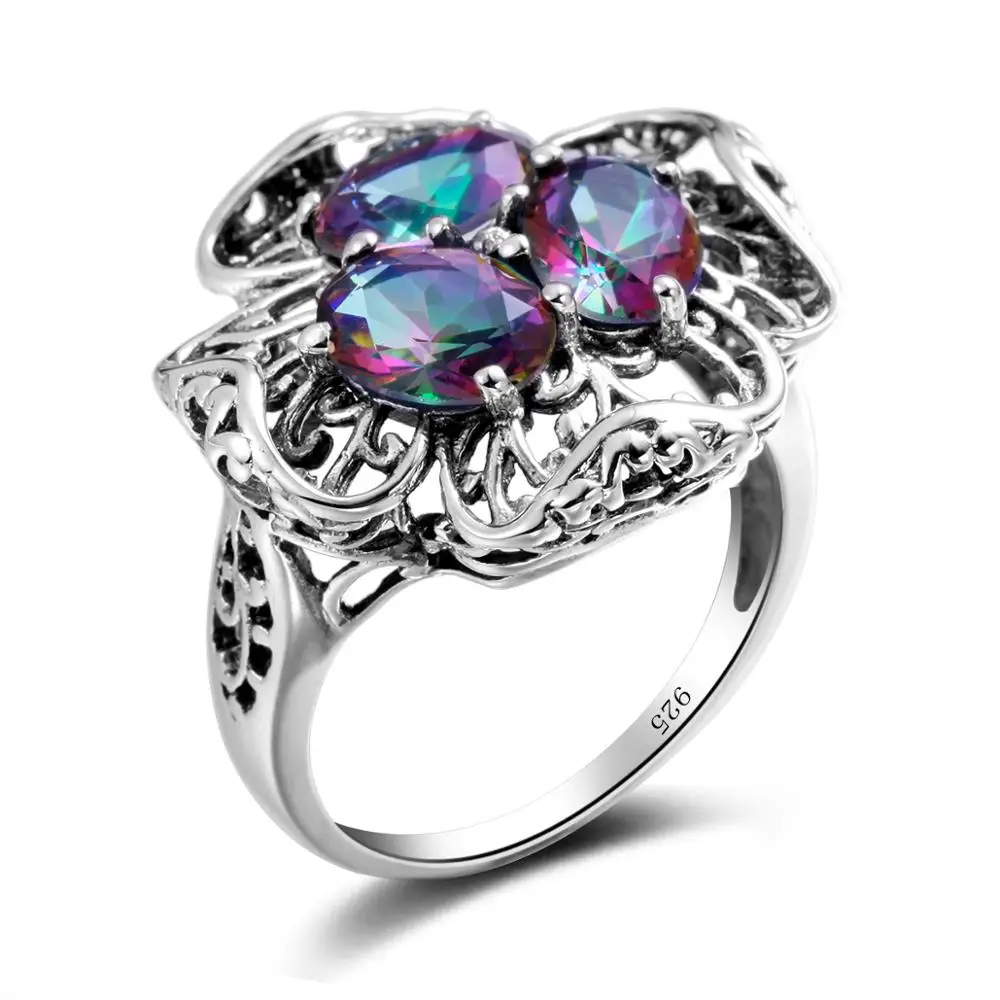 

Реальные 925 Серебряное кольцо драгоценный камень кольцо с мистик топазом кольца с цветочным рисунком в винтажном стиле; Дизайнерские туфли ...