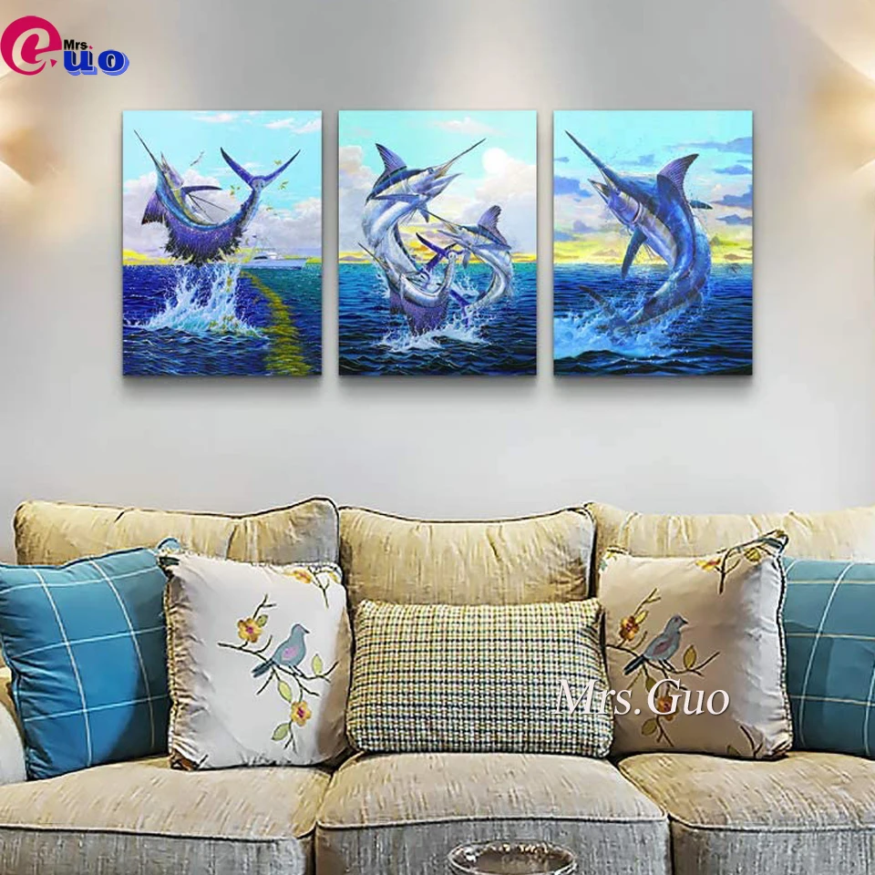 

Full Square/Round 5d Diamond Painting Swordfish Triptych Home Decor DIY Diamond Embroidery Animal Mosaic 3pcs Handicraft