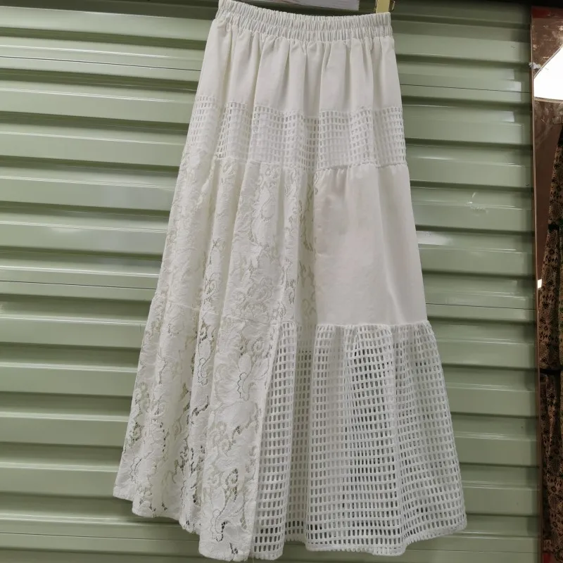 

Jastie Chic Hollow Lace Patchwork Embroidery Women Skirt Elastic Waist Sexy Slit Midi A-line Skirts Nice Fall Boho Beach Skirt