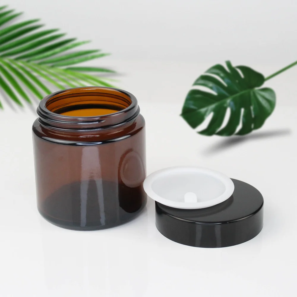 

1pc 100ml Amber Round Glass Jars with White Inner Liners and black LidsRefillable Empty Container for Kitchen, Cosmetic