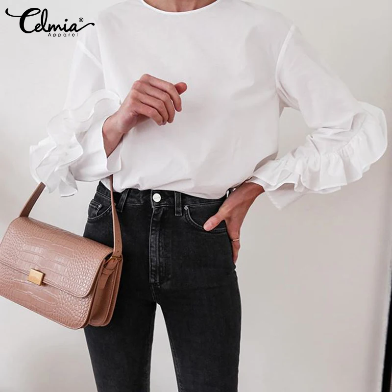 

Celmia 2021 Autumn Fashion Long Sleeve Shirts Women Ruffled Blouses Tunic Tops Casual Loose Solid Party Office Blusas Femininas