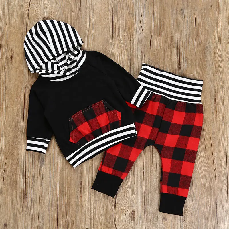Baby Boys Girls Christmas Clothes set for Xmas Clothing Set Striped Pocket Hoodie Tops+ Plaid Pants Outfits Set Clothes