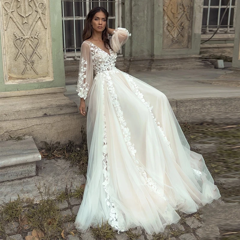 

GYBackless Beach Princess Bride Dress Lace Appliques Tulle Long Puff Sleeves Vintage Boho Wedding Dresses Vestidos De Novia