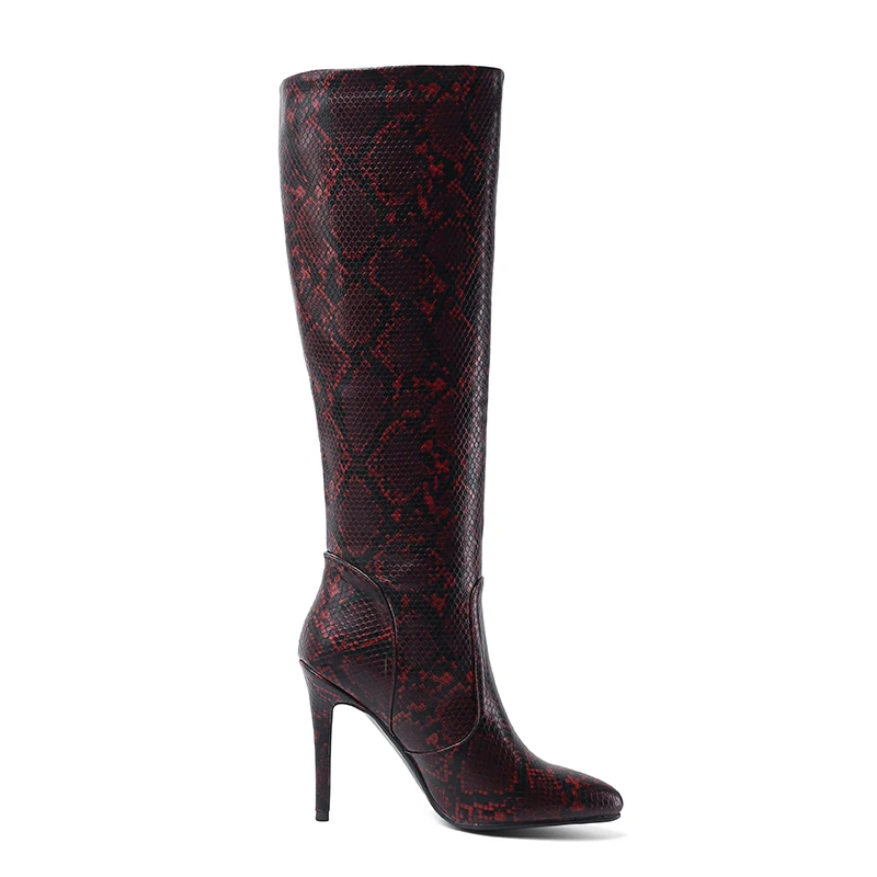 WETKISS/сапоги из искусственной кожи со змеиным узором женские сапоги до колена Женская пикантная обувь на высоком каблуке Женская обувь для вечеринок с острым носком женская зимняя обувь