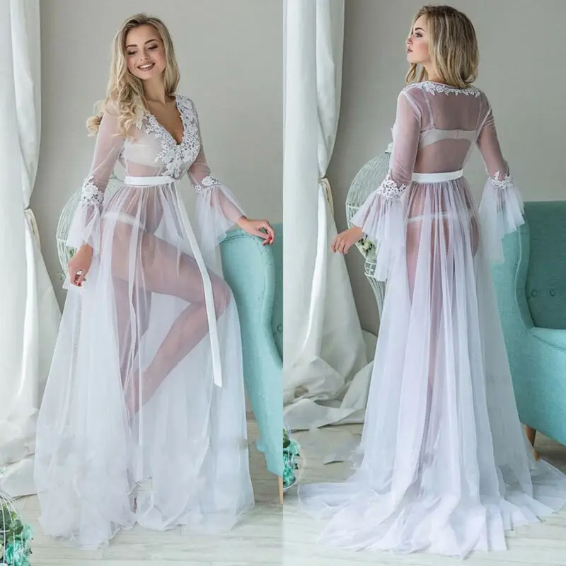 

Sexy Lace See Through Nightdress Women Kimono Robe Dressing Gown Night Dress Perspective Bathrobe Cover Up Long Maxi Dress