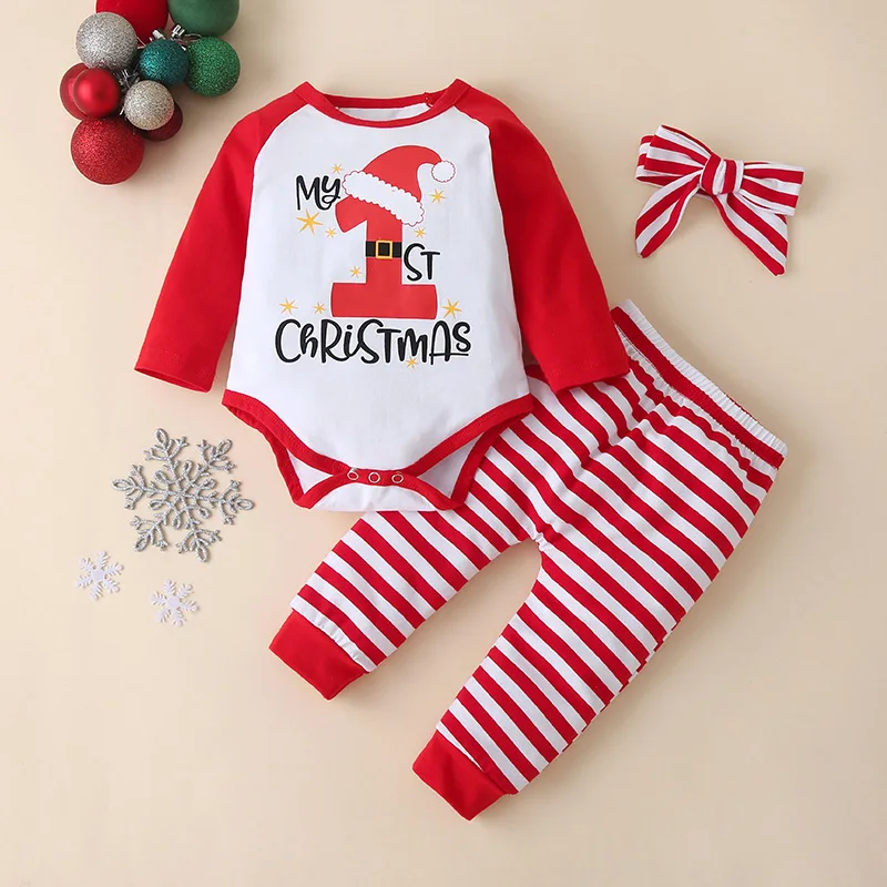 

3Pcs Set Baby Rompers Long Sleeve Christmas Holiday Wear Children New Year Clothes Printed With Letters Striped Triangle Creeper