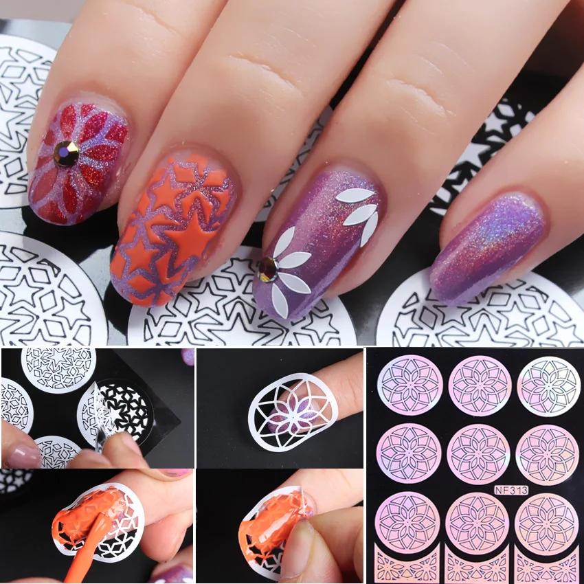 18pcs/2 sheet 9 type Black/Silver/white Laser Flower Hollow Template Nail Sticker Designs 3D Decals Makeup Tattoos Manicure Tool | Красота и