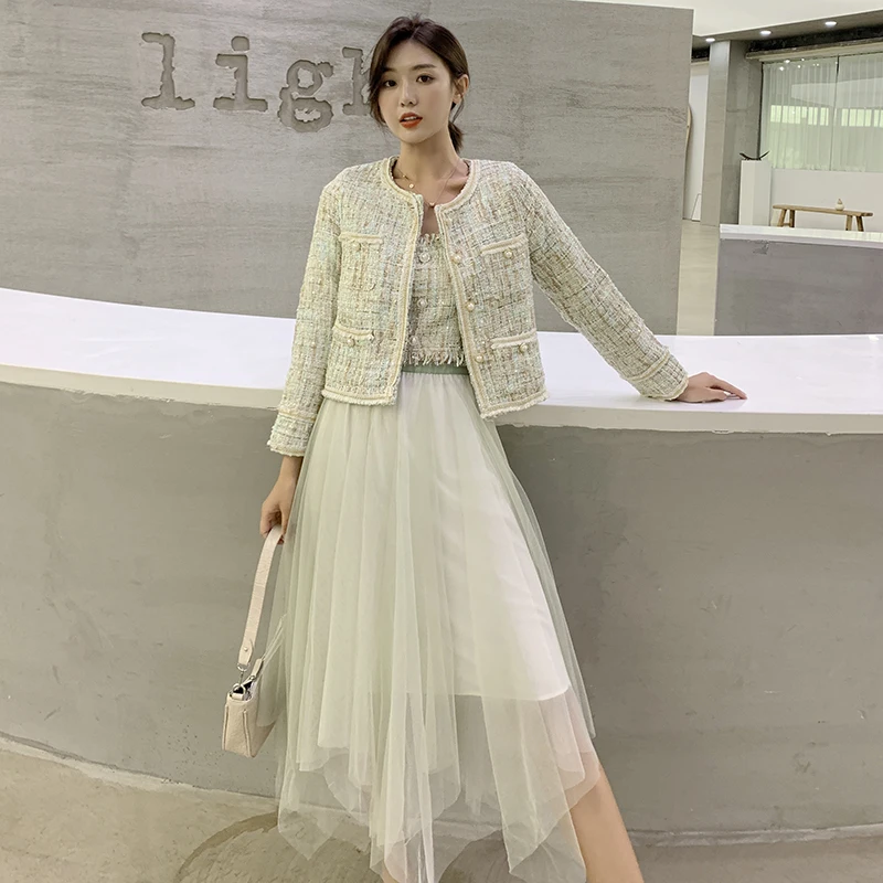 Новое поступление твидовый комплект из 3 предметов осень 2019 Женская однобортная