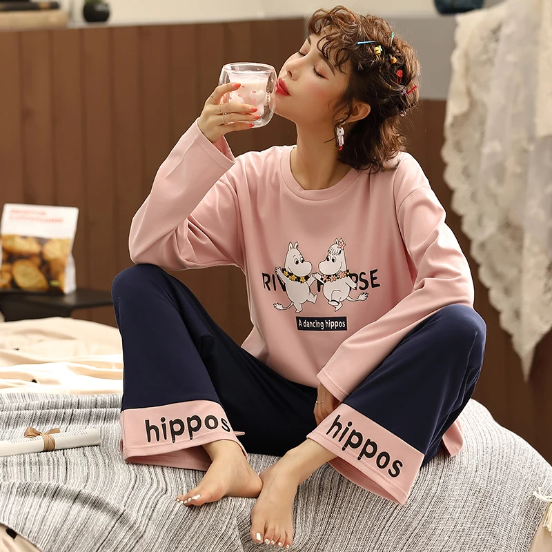 

Cotton Long Sleeve Pijama Autumn Warm Pajamas For Women Ladies Home Wear Large Loose Women's Pajamas Cute Pink Sleepwear Women