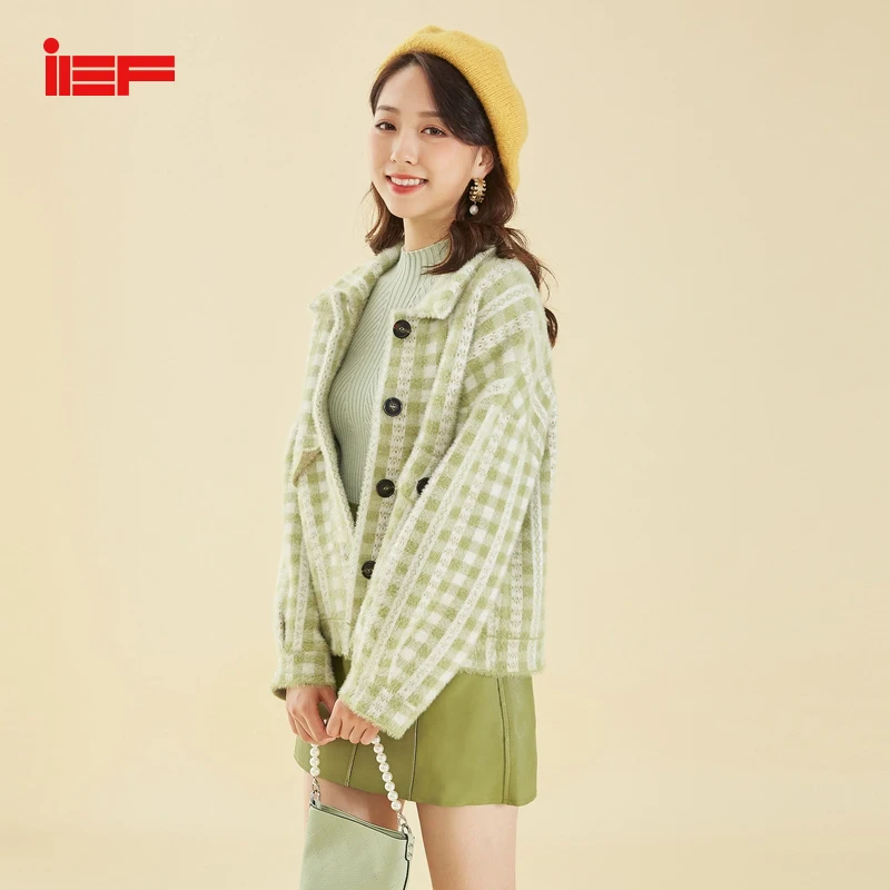 IEF осенне зимнее модное зеленое и белое шерстяное пальто в клетку однобортное