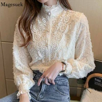 women elegant lace blouse hollow out new stand collar button up shirt ladies autumn lantern sleeve loose apricot top mujer 18157