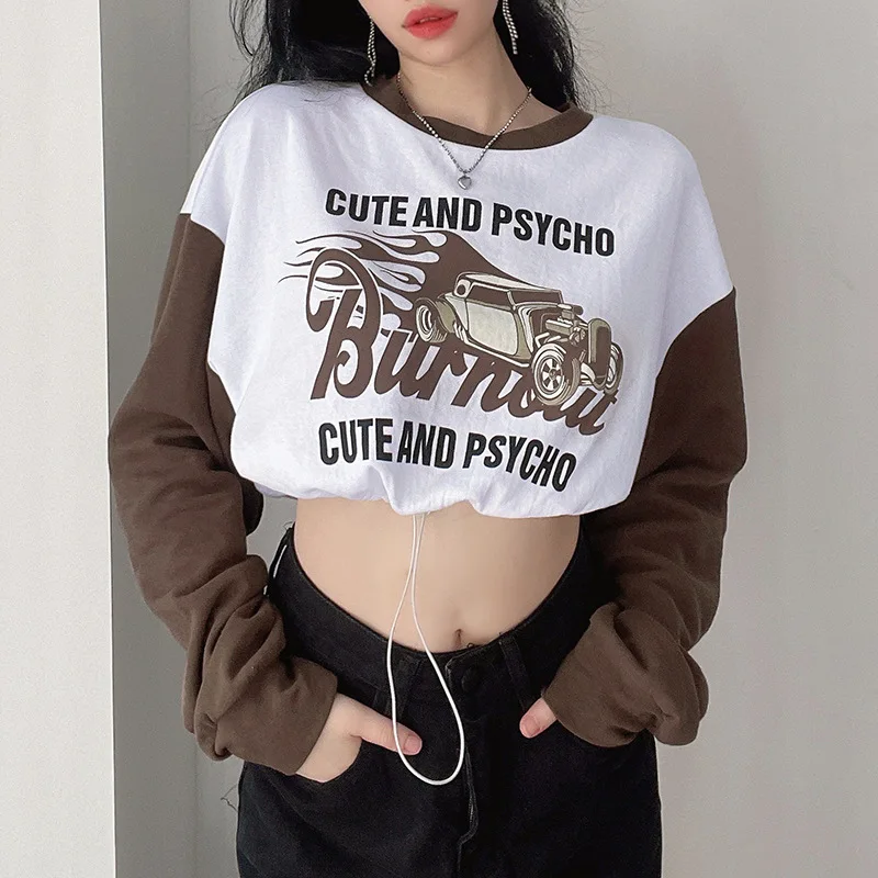 

Autumn Women Loose Casual Y2K Drawstring Pullovers Ladies Variegated Color Letters Printed Pattern O-Neck Long Sleeve Crop Tops