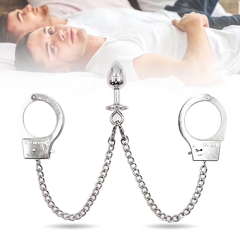 Металлическая Анальная пробка с цепочкой наручники и массажер простаты оргазм