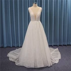 Блестящие простые свадебные платья, модель 2022 года, кружевное блестящее платье-трапеция из фатина без рукавов с V-образным вырезом