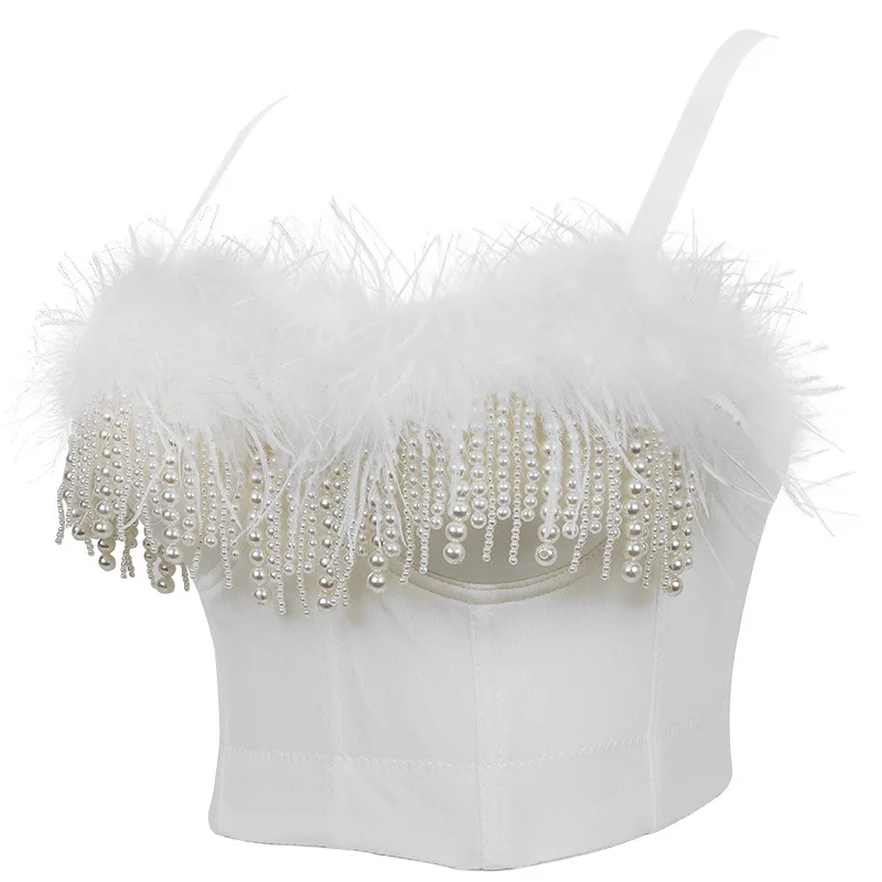 2021 New Female Short Camisole Top Feather Pearl Tassel Crop Top Bustier Bra Night Club Party Sexy Tank Tops Y742