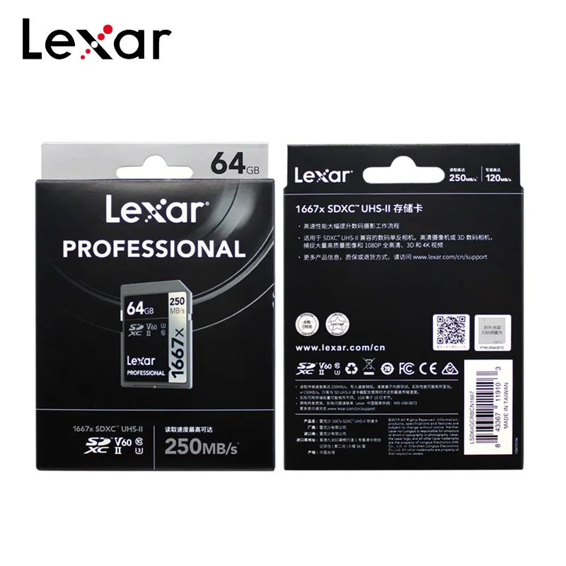 

Original Lexar SD Card 128GB 250MB/s 1667x 256GB 64GB SDXC Card UHS-II U3 V60 C10 Flash Memory Card For 3D 4K Digital Camera
