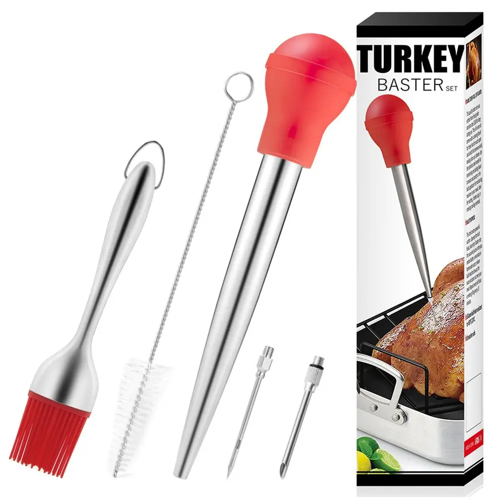 

Turkey Baster Set With Silicone Bulb Kitchen Stainless Steel Syringe Needles Cleaning Brush BBQ Barbecue Seasoning Tool