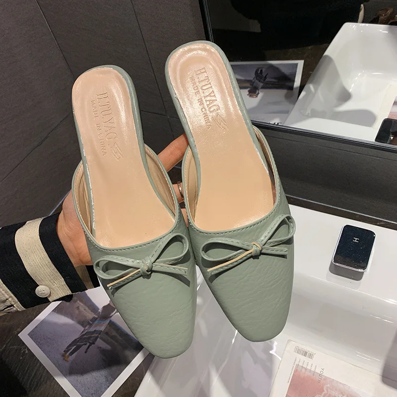

Half Slippers Women Shoes Woman Slides Mules Fashion Spring Summer 2020 New Solid Leather Square Low Heels Bow Knot Ladies Shoes