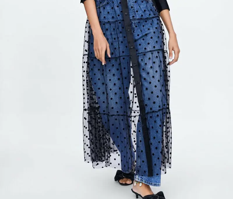 Women Mesh Sheer Transparent Polka Dot Lace Cover up V Neck Button Down Maxi Dress See-through Party Clubwear Beach | Женская одежда