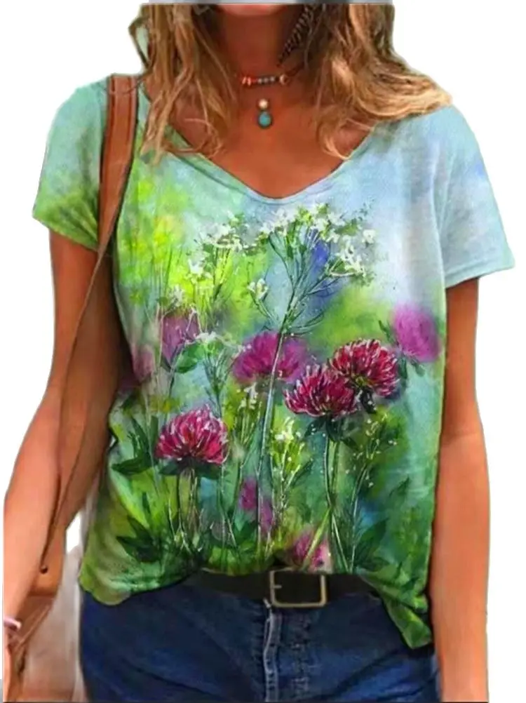 

Women 3D Leaves Print Summer 2021 T-Shirts Casual Loose Short Sleeve V-Neck Tops Oversize Female Clothes Large Size Streetwear
