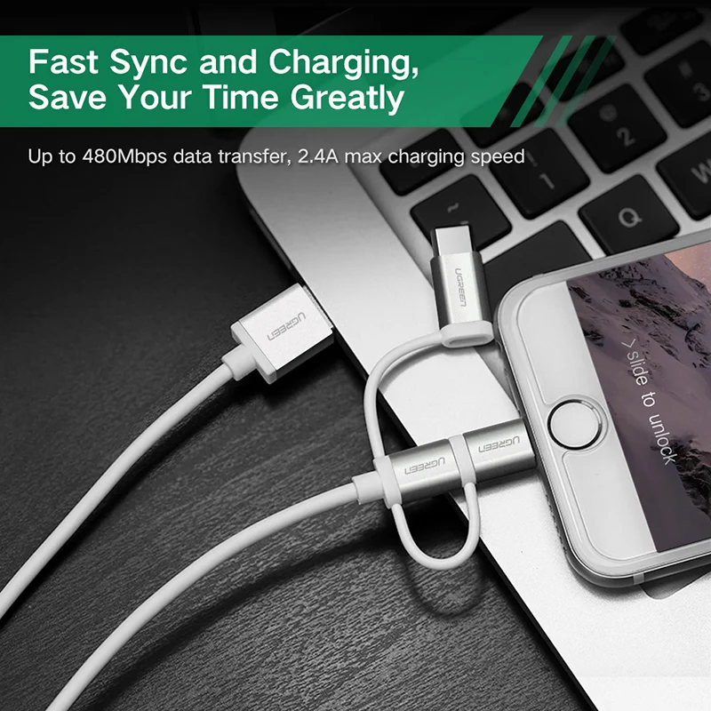 Ugreen 3 в 1 Lightning USB кабель для iphone 8 7 Micro USB кабель быстрой зарядки Тип USB C для OnePlus 5 Samsung Galaxy S8 LG V3
