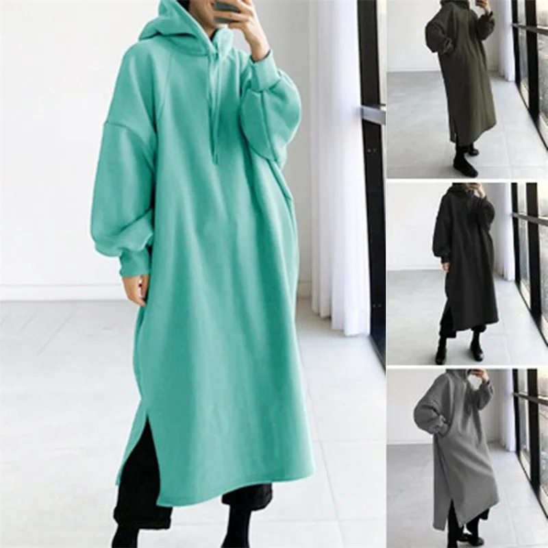 

Women Loose Long Hoodie Casual Solid Color Hooded Sweatshirts Student's Autumn Winter Baggy Pullover Sweatshirt Dress