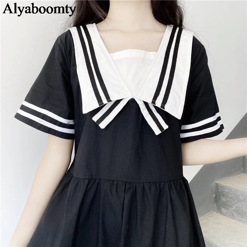 

Japanese Preppy Style Summer Women Dress Harajuku Sailor Collar Black Loose Femininos Vestidos Short Sleeve Cotton Kawaii Dress
