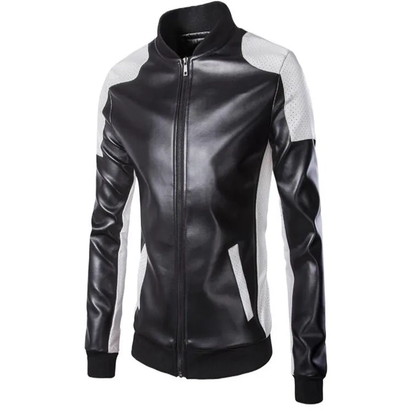 

Men's autumn winter new quality leather jacket men's pure color leather jacket stand collar long sleeve casual coat