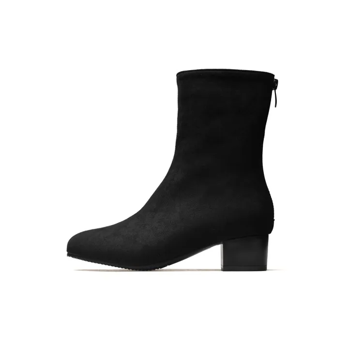 Короткие сапоги большого размера грубый каблук однотонные замшевые на высоком