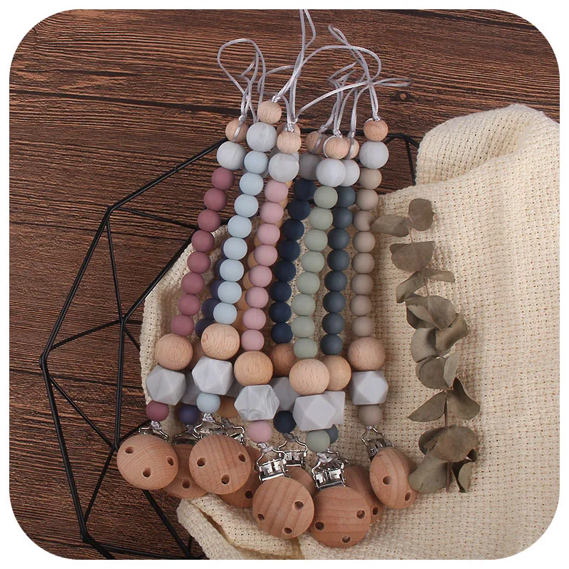 

Silicone Beads Pacifier Holder Chain Beech Wood Pacifier Clips Food Grade Silicone Soother Nipple Dummy Chain Gift
