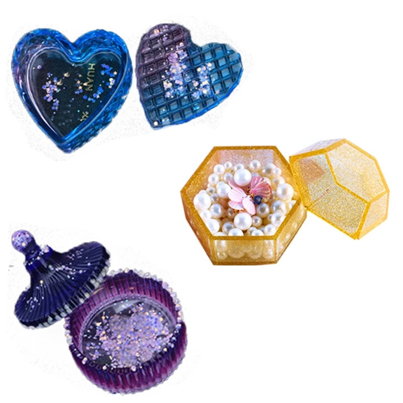 

3 Styles Heart Round Box Resin Casting Mold with Lids Storage Container Mold Kit B36D