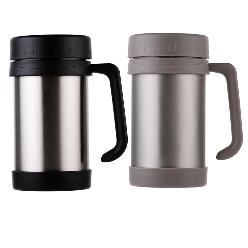 

2X 500Ml/17Oz Thermo Mug Stainless Steel Vacuum Flasks With Handle Thermo Cup Black+Silver+Silver & Grey