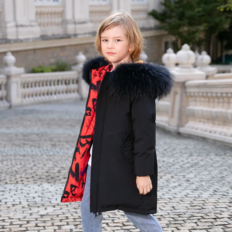 Двусторонний дизайн пуховики для девочек теплые детские парки пальто с